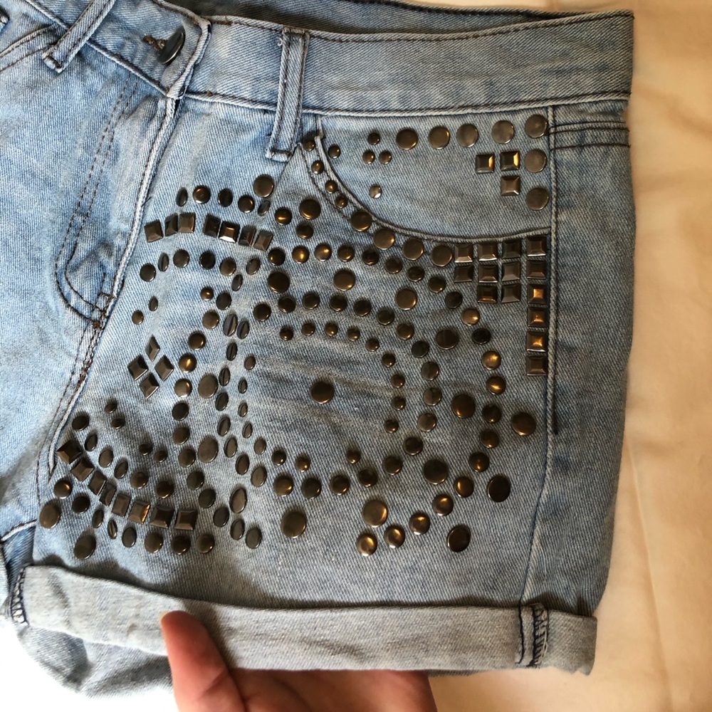 High Waisted Light-Wash Beaded Jean Shorts